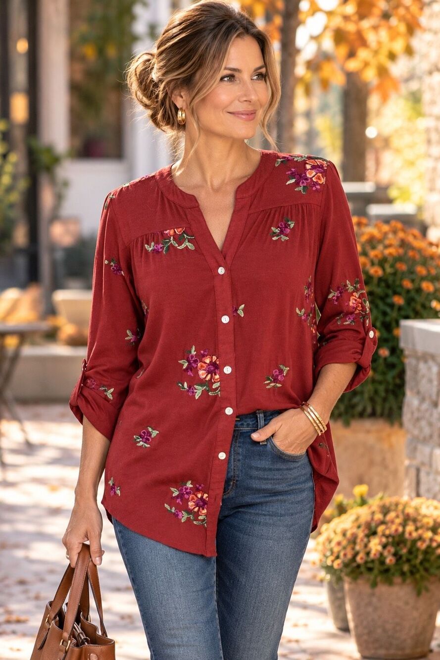 Fig and Flower 1X Embroidered Floral Roll Tab Tunic Blouse Boho Rust Red